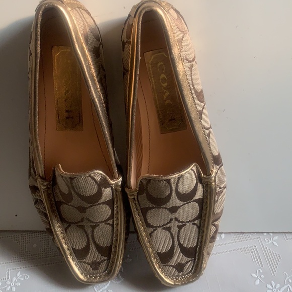 Y2K COACH SIGNATURE SUMMER FLATS DRIVING LOAFERS 6M MONOGRAM JACQUARD GOLD KHAKI - Picture 6 of 14